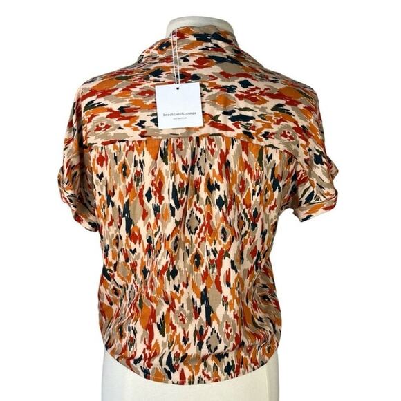 Beach Lunch Lounge Orange and Brown Short Sleeve Tie Front Blouse - Picture 2 of 6